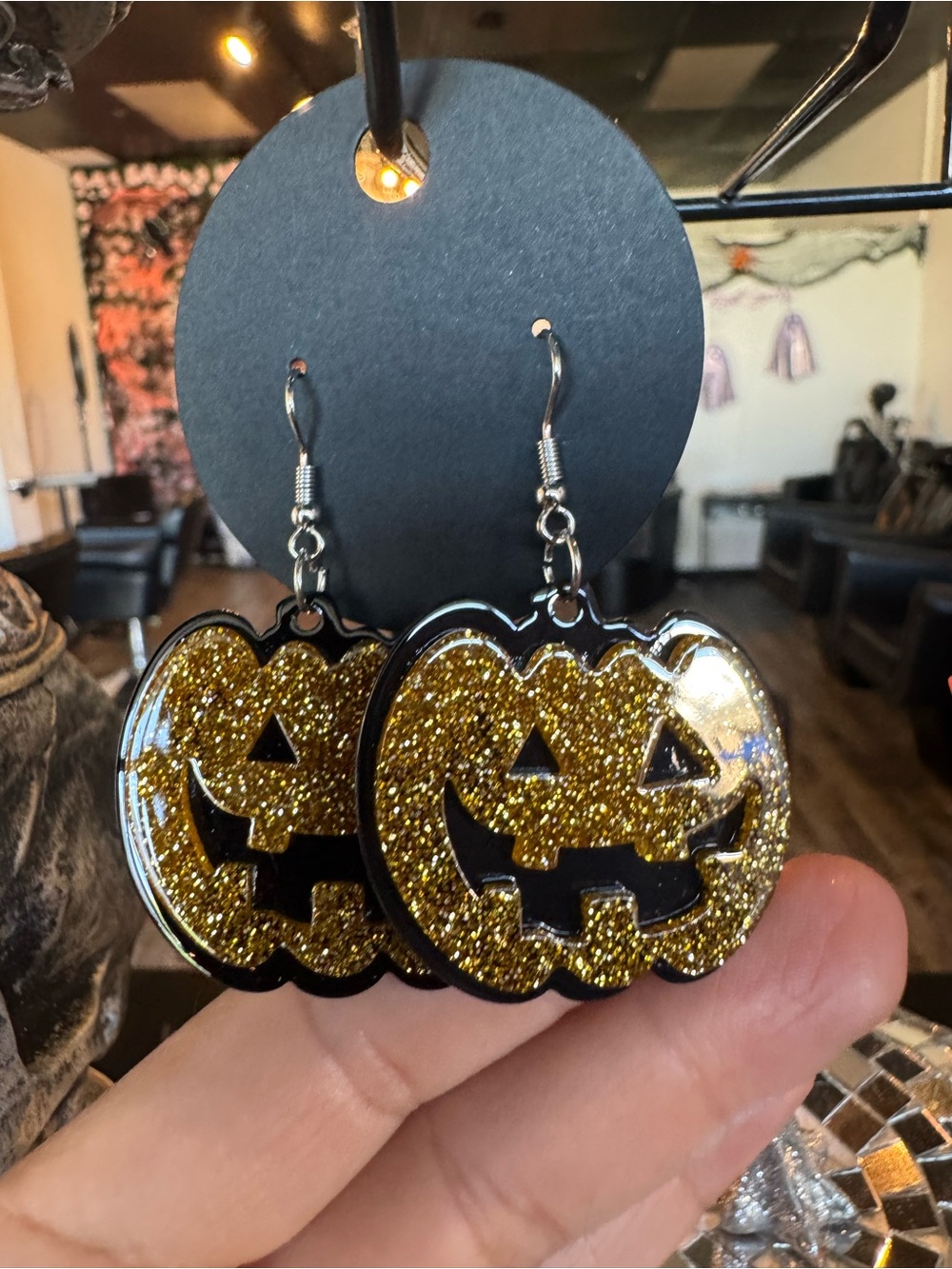 Halloween Gold Glitter Jack-o'-Lantern Drop Earrings
